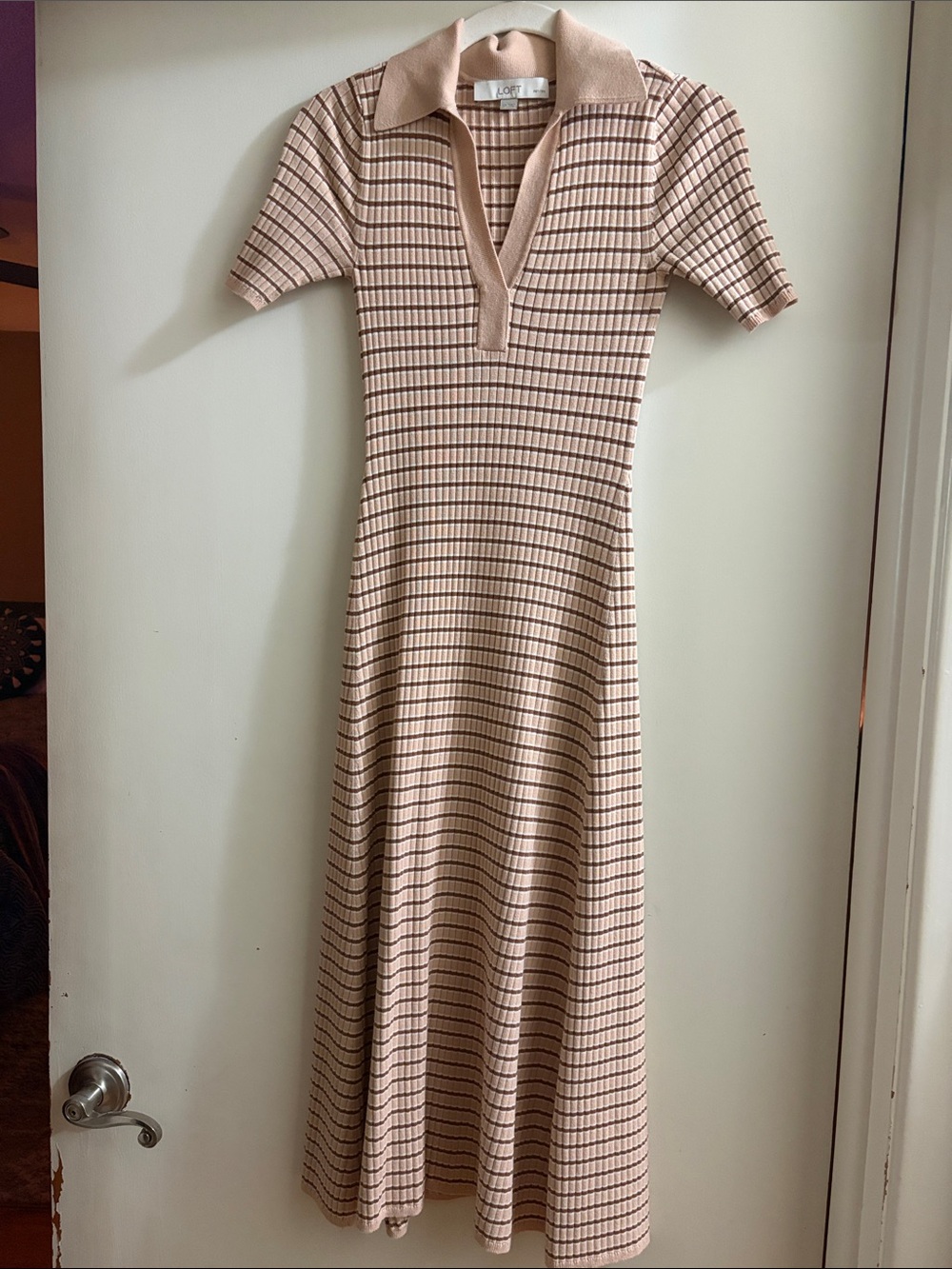 LOFT Petites Pink Striped Knit Polo Midi Dress